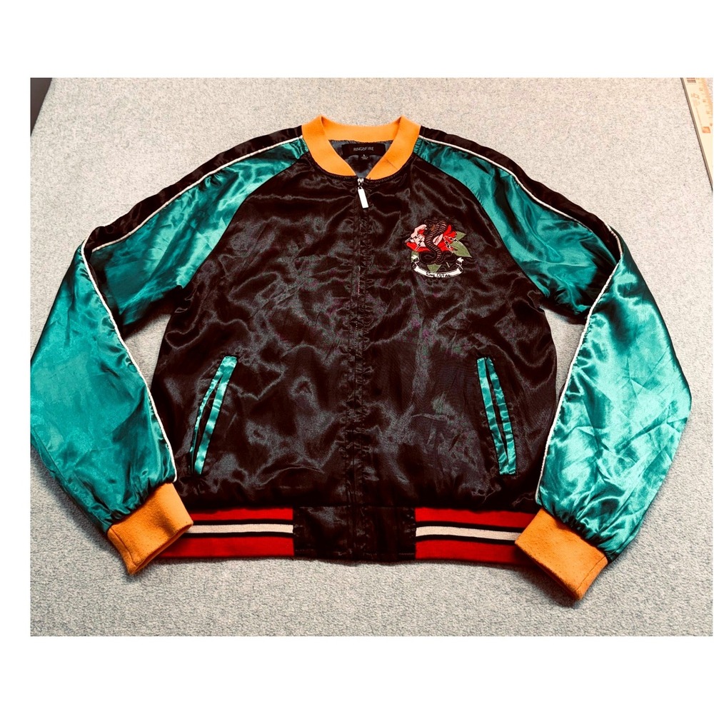 Ring of Fire Mens S Satin Sukajan Bomber Jacket Cobra Roses Embroidered Teal